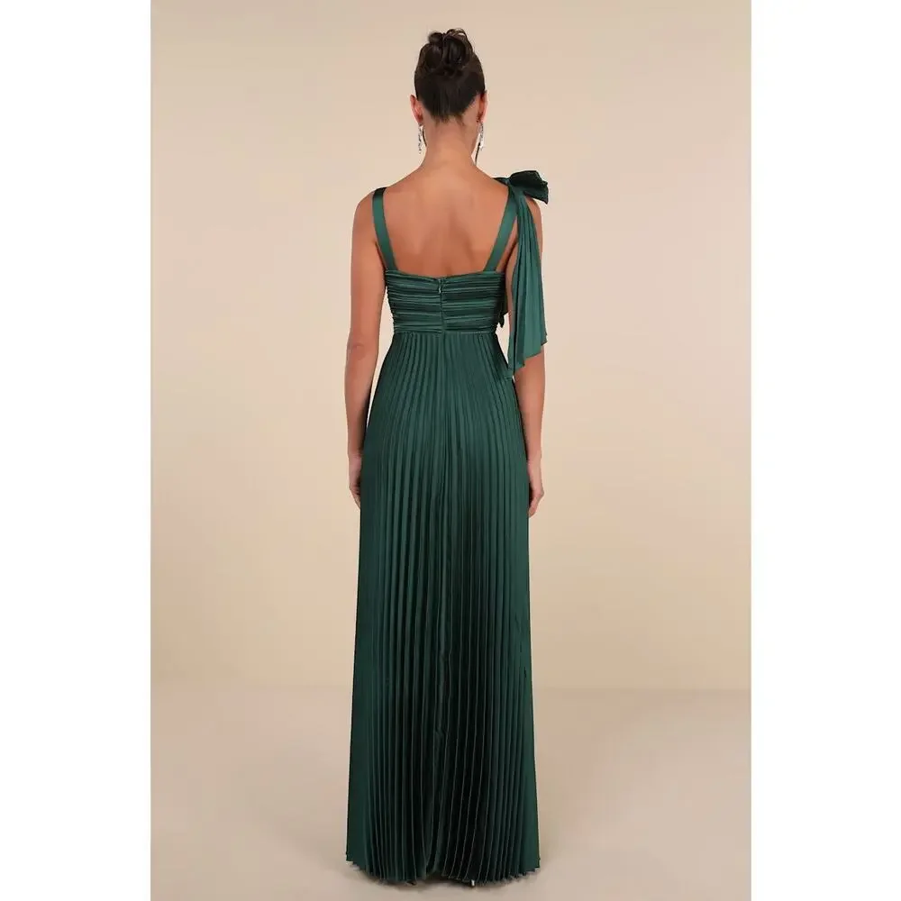 NEW Lulus Emerald Green Gorgeous Purpose Satin Pleated Sleeveless Bow Maxi Dress - Picture 8 of 16